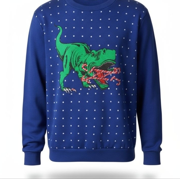 Alex Stevens Crewneck T Rex Ugly Christmas Crewneck Sweatshirt in Blue Sz Large - Picture 4 of 8